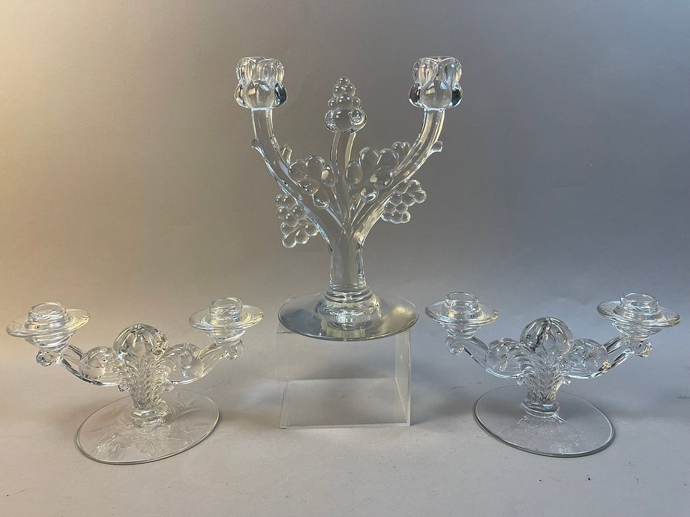 Lot 221: Lot of 3 1930s Clear Crystal Glass Candle Holders