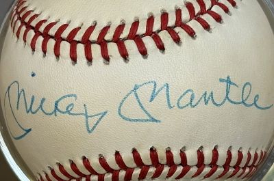 Mickey Mantle Single Signed Rawlings Baseball HOF. Incredibly strong and bold signature of 