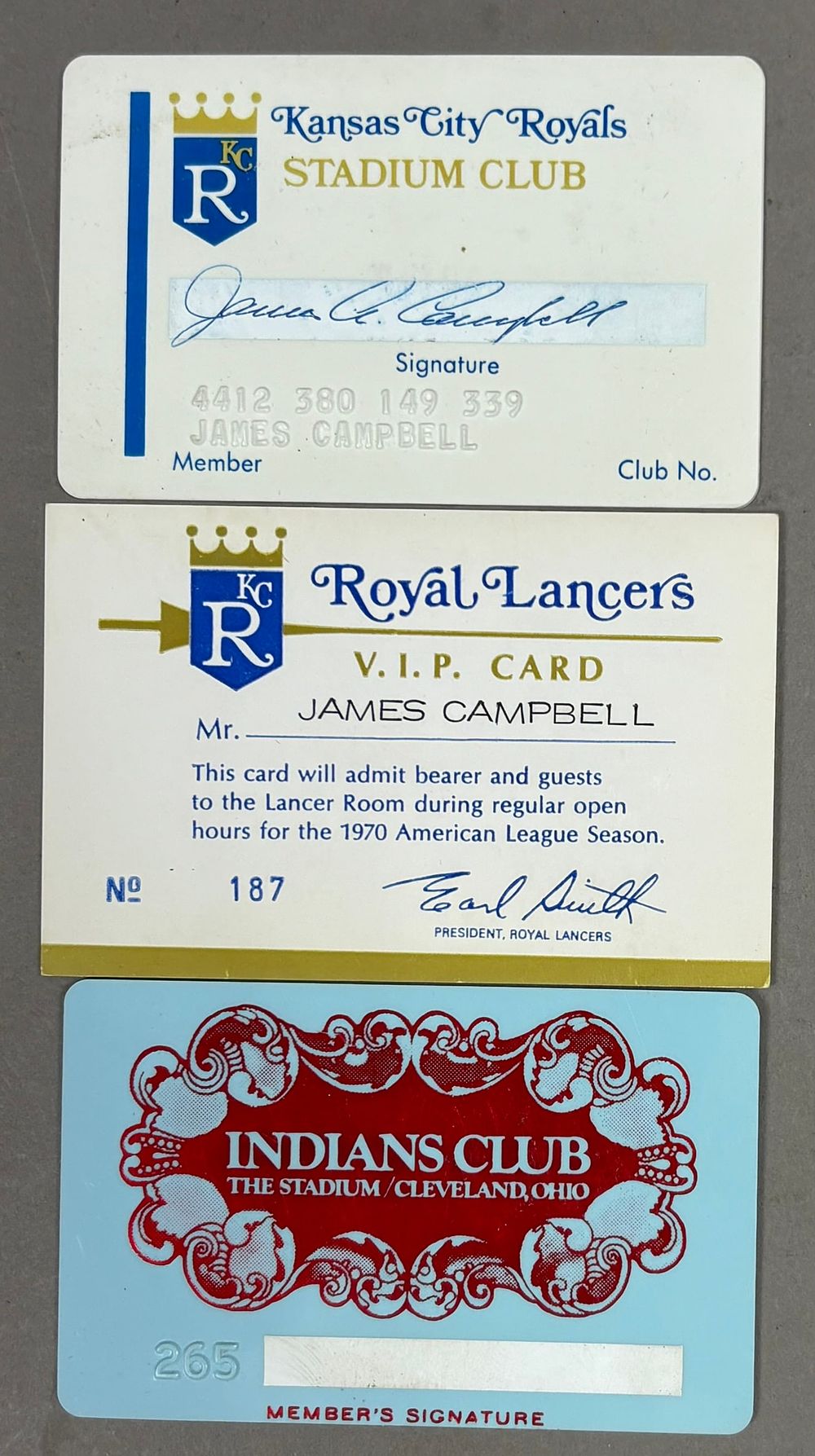 Lot 337: 3 Jim Campbell ROYALS INDIANS STADIUM MEMBER CARDS