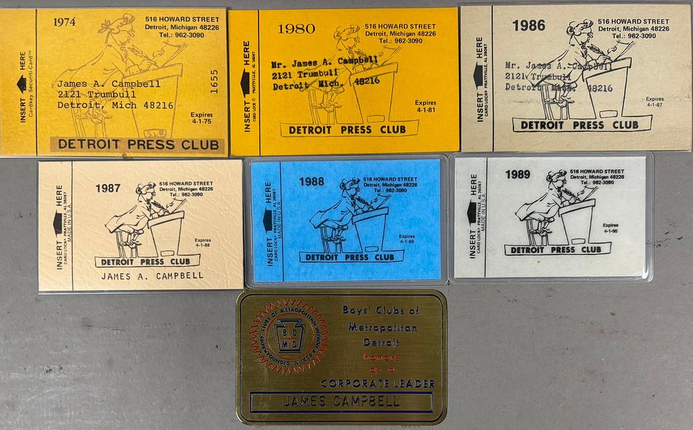 Lot 338: Lot 6 Detroit Press Club JIm Campbell Member Card
