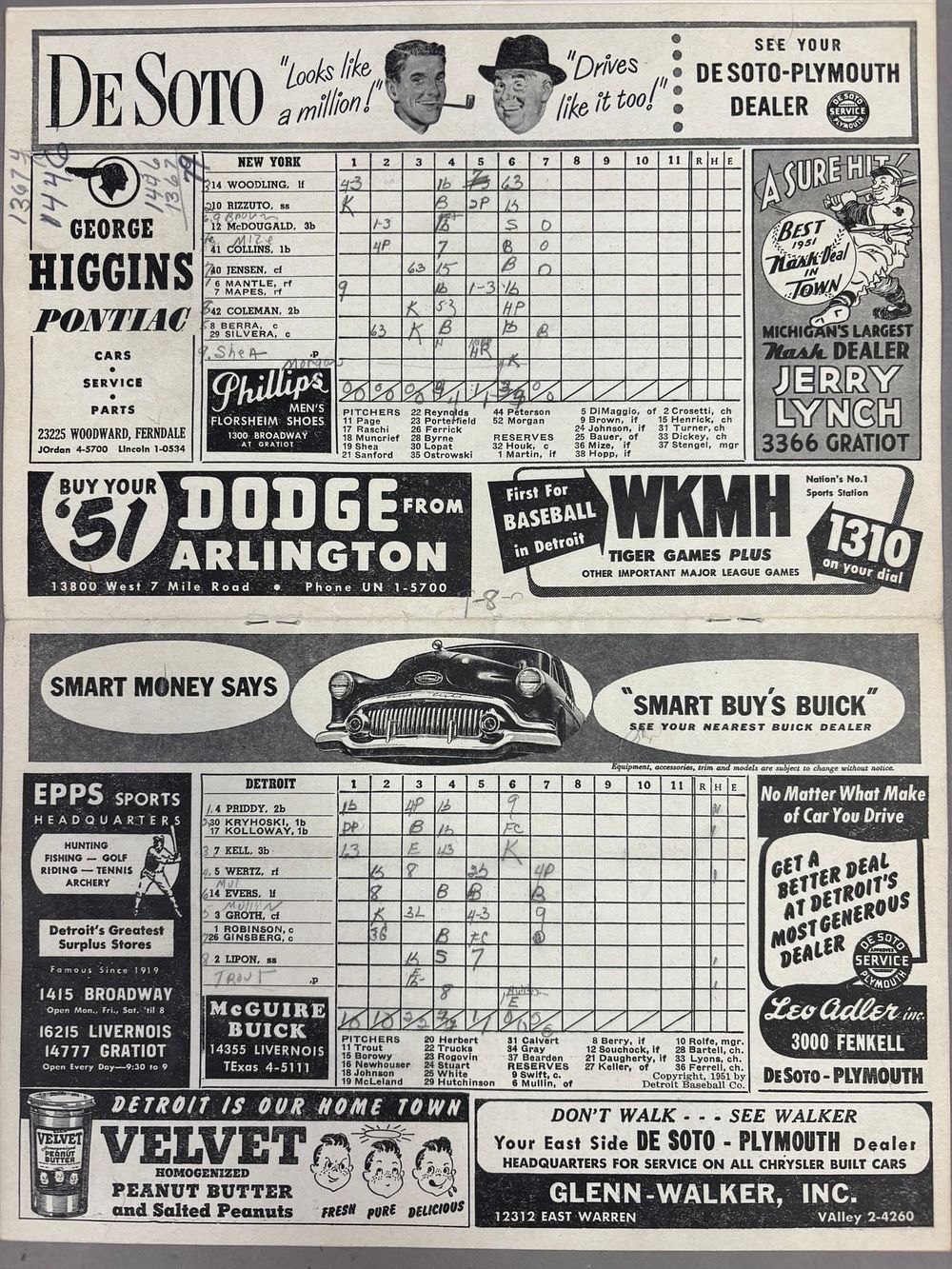 Lot 373: RARE 1951 Tigers Yankees Briggs Scorecard MANTLE #6