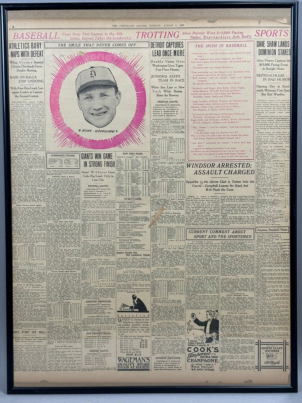 Lot 389: Cleveland Leader 8.6.1907 HUGH JENNINGS Tigers