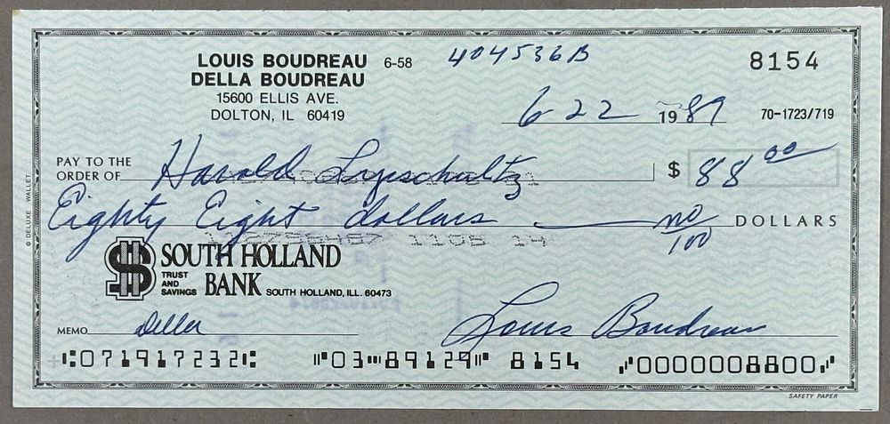 Lot 427: Lou Boudreau Original 1989 Signed Personal Check