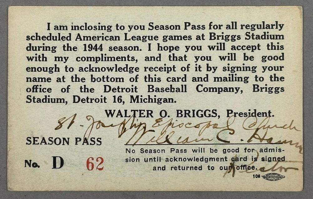 Lot 434: 1944 Detroit Tigers Walter O Briggs Season Pass