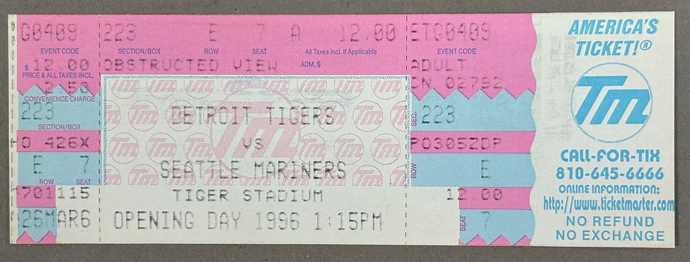 Lot 437: 4/9/1996 OPENING DAY TIGERS Vs Seattle Ticket