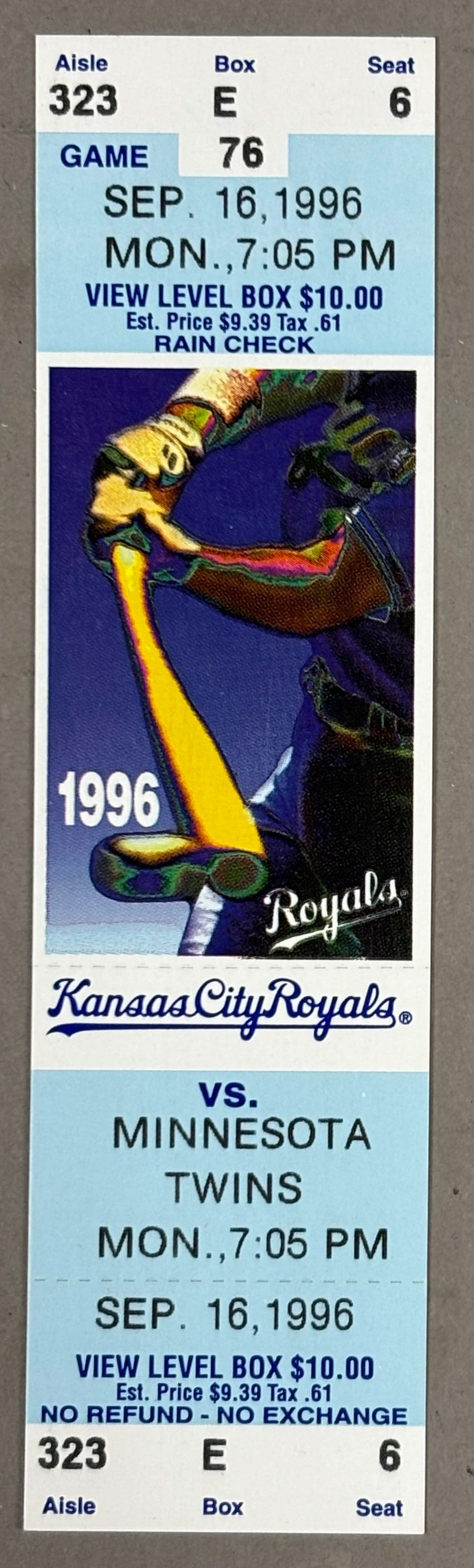 Lot 438: 9.16.1996 KC ROYALS Vs MINN TWINS Ticket Stub MOLITOR 3000TH HIT