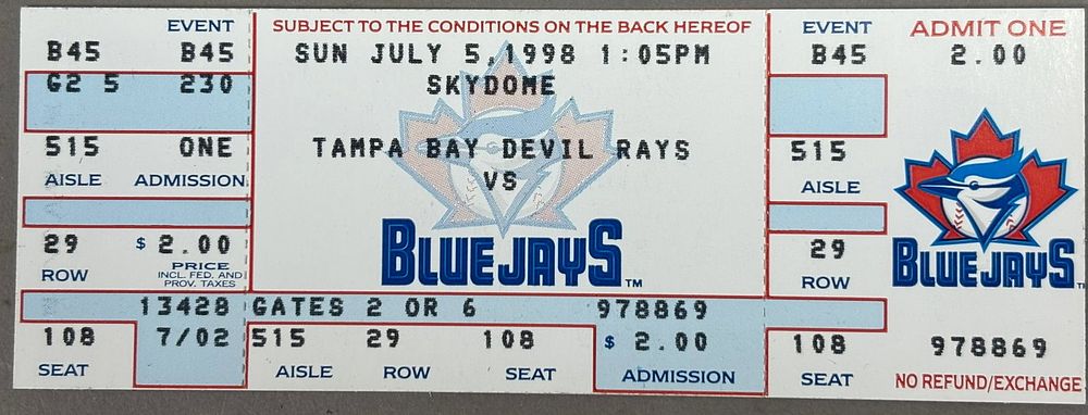 Lot 439: 7.5.1998 Tampa Bay Toronto Blue Jays Ticket Stub ROGER CLEMENS 3000th STRIKEOUT