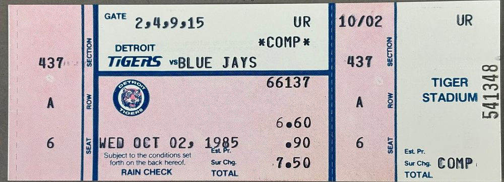 Lot 441: 10.2.1985 Tigers vs Blue Jays Ticket Stub