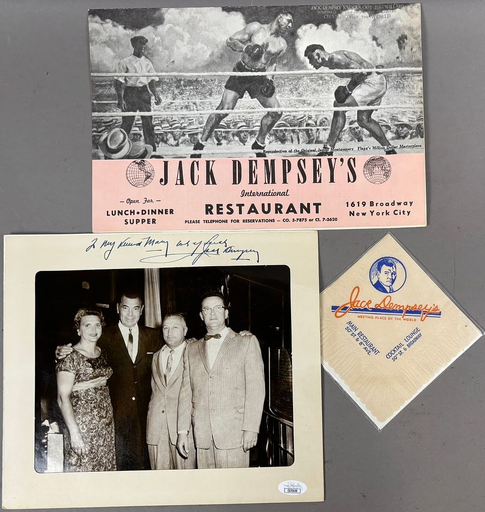 Lot 445: Jack Dempsey Restaurant Napkin & Signed Photo