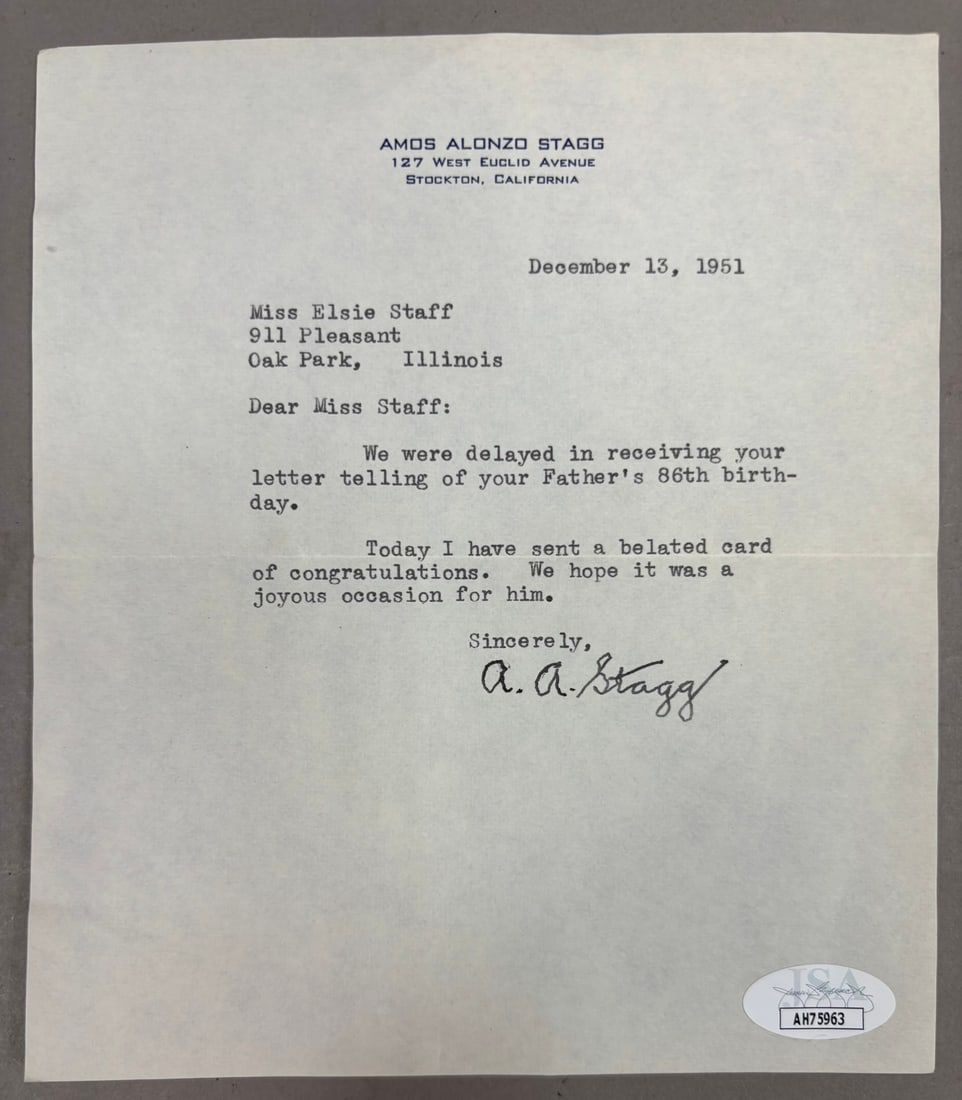 Lot 456: A.A. Stagg Original Signed Letter & Envelope JSA