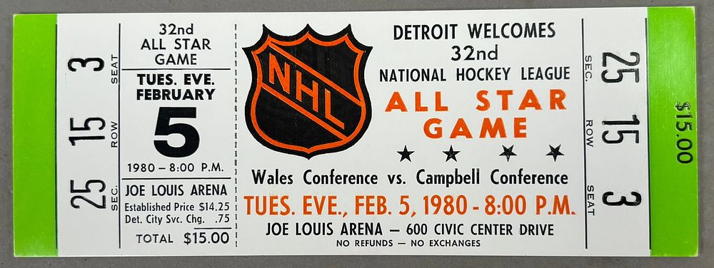 Lot 475: '80 NHL All Star Game FULL Ticket GRETZKY 1ST HOWE LAST