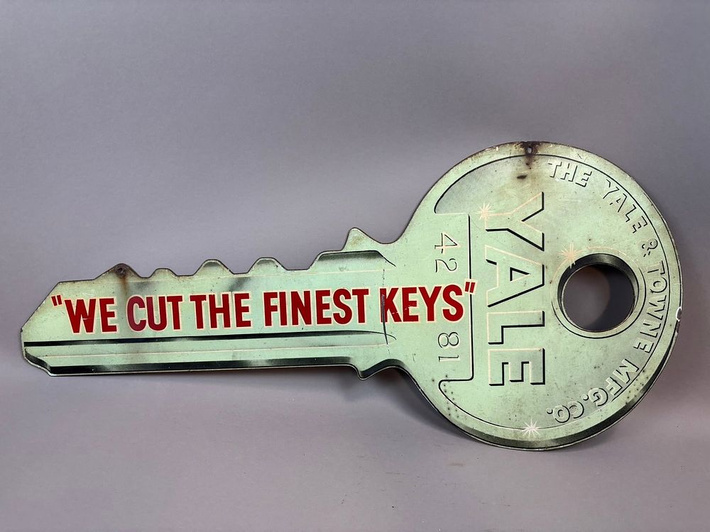 Lot 7B: YALE & TOWNE We Cut The Finest Keys Diecut Key Tin Sign