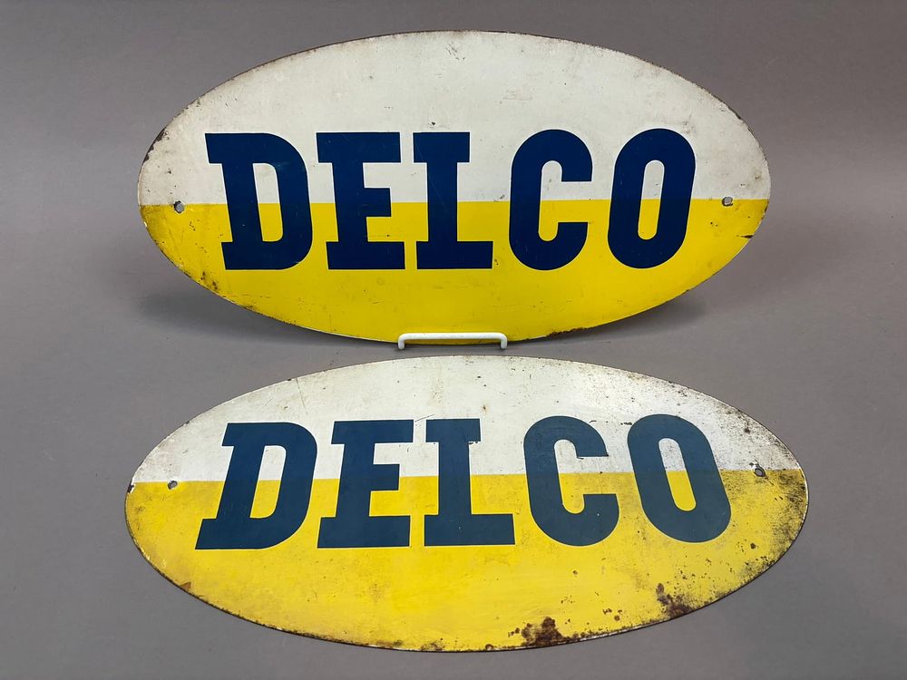 Lot 9B: Pair DELCO SST Tin Metal 16" 1960s Store Display Rack Signs