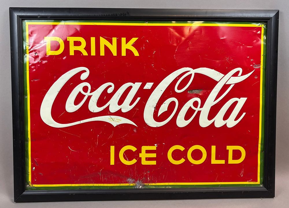 Lot 21B: Drink Coca Cola Ice Cold SST Tin 1939 Soda Sign Canada