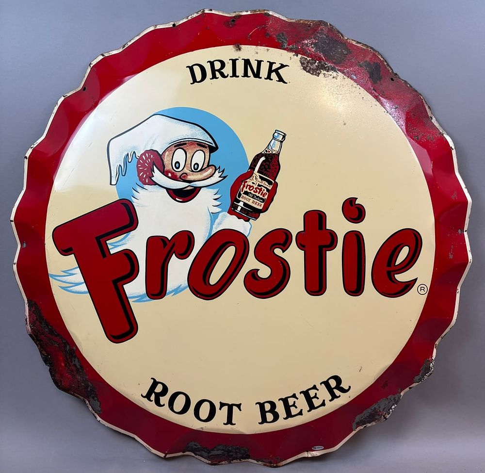 Lot 30B: Drink Frostie Root Beer Diecut Bottle Cap Advertising Sign