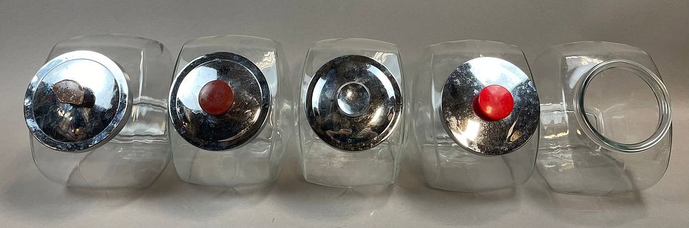 Lot 195: 5 Original Glass General Store Candy Dispensers Containers