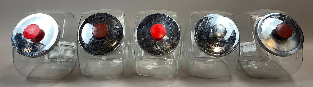 Lot 195B: 5 Original Glass General Store Candy Dispensers Containers