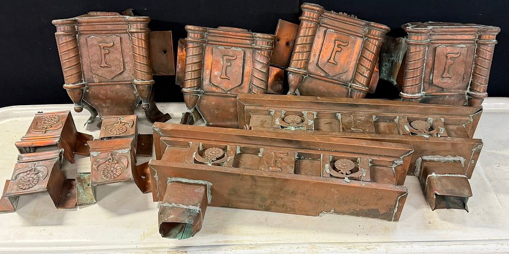 Lot 196B: Antique Fisher Body Lot Solid Copper Art Deco Gutter Spouts