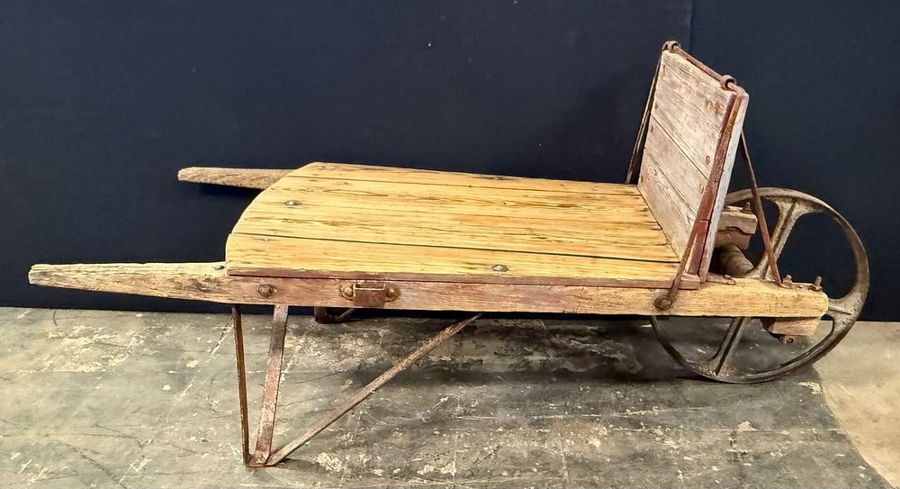 Lot 236: Antique Primitive Farm Wheelbarrow w/ Cast Iron Wheel