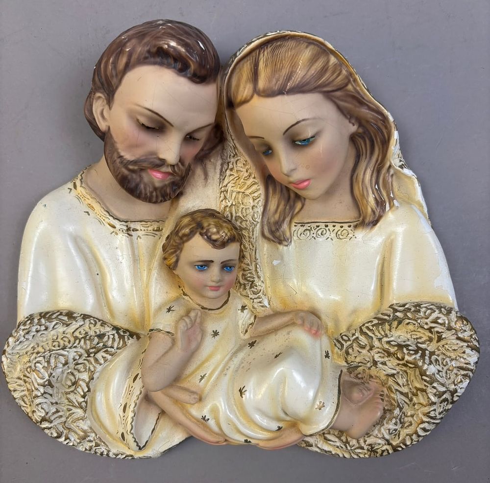 Lot 244: Joseph Mother Mary Baby Jesus Chalk 9" Wall Plaque
