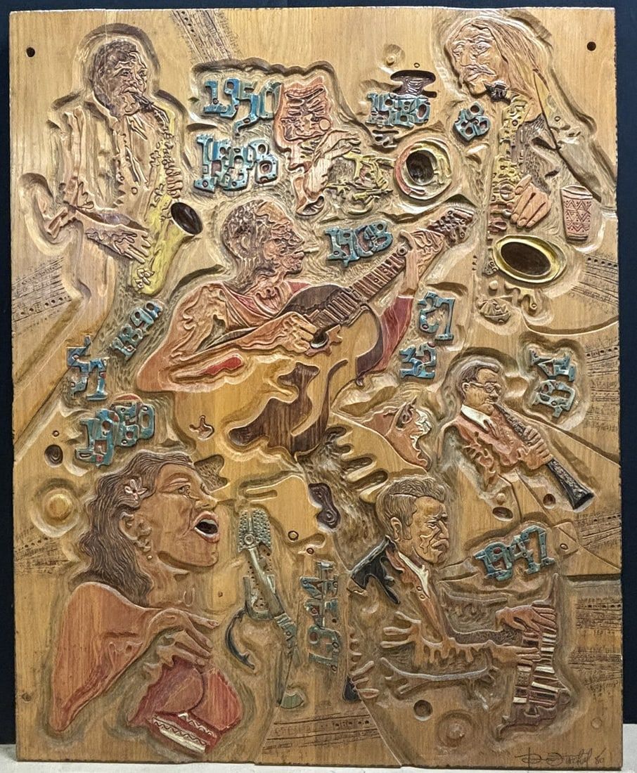 Lot 383: David Fischel 1980 Carved Musician Wall Art Plaque