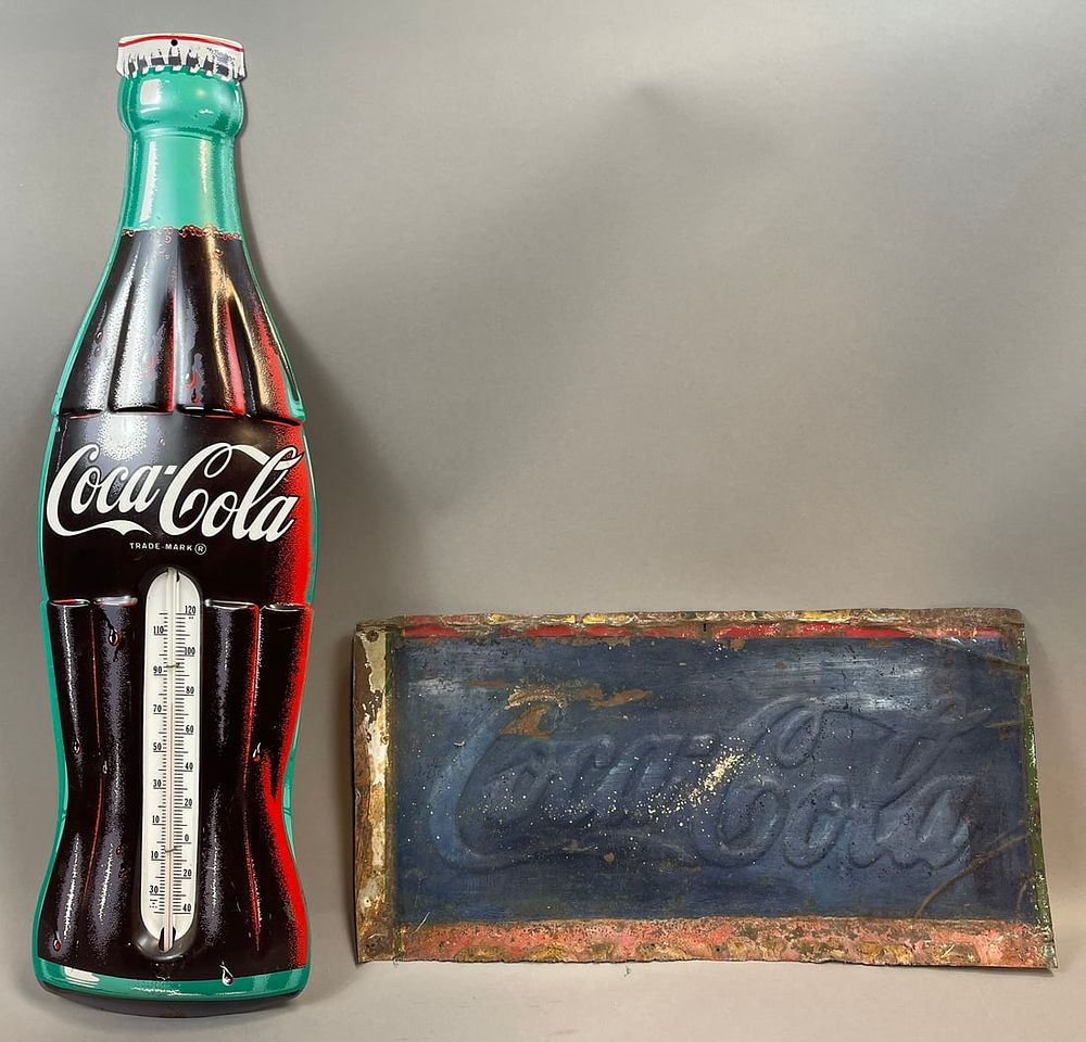 Lot 389: Pair Original Coca Cola Cooler Sign & Thermometer