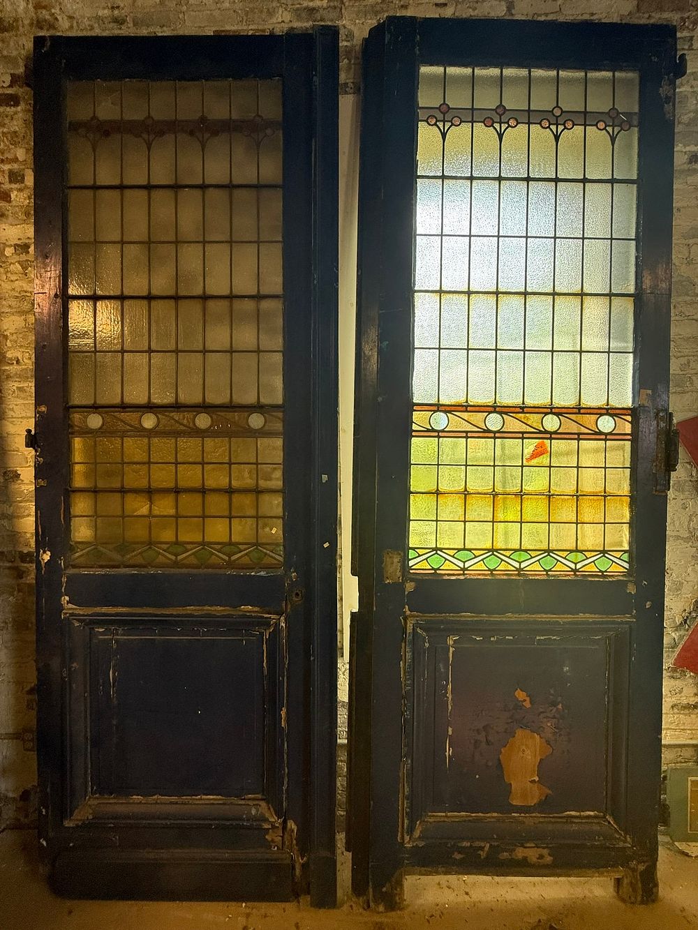 Lot 396: Antique Pair Georgian 10.5' Tall Stained Glass Mansion Doors