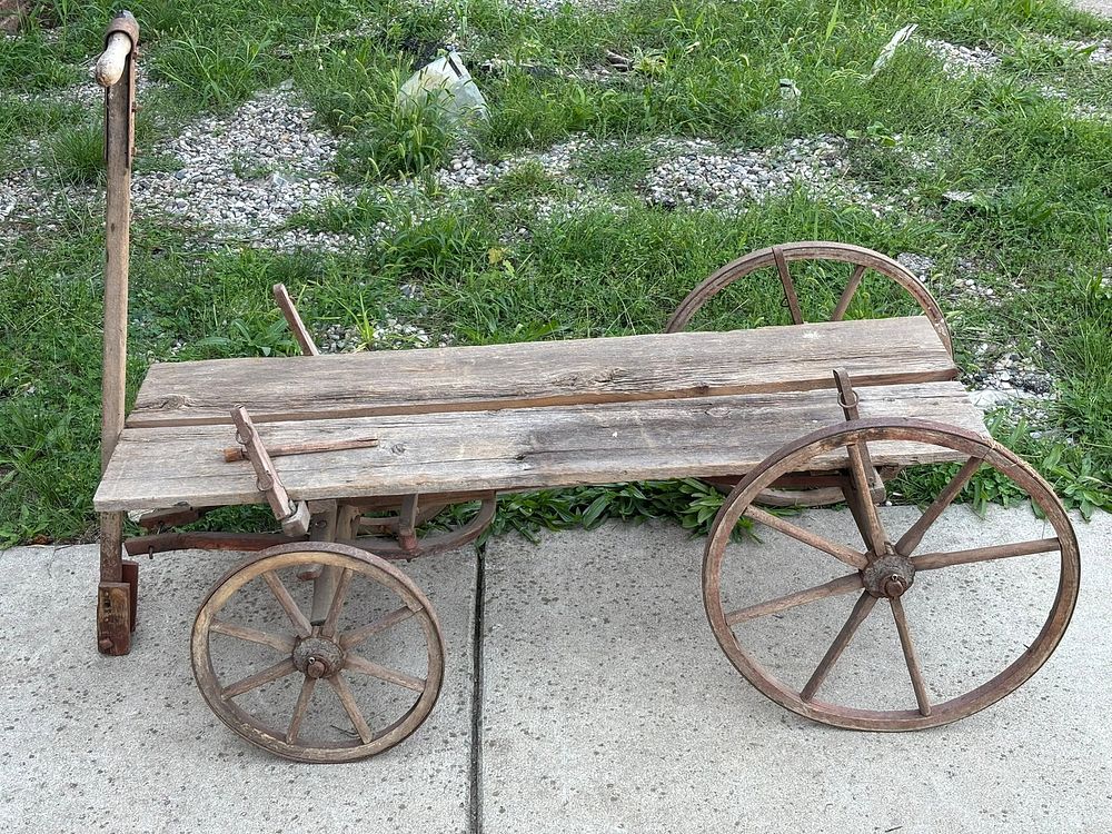 Lot 411: Antique 1900s Early Wooden Pull Wagon Goat Cart