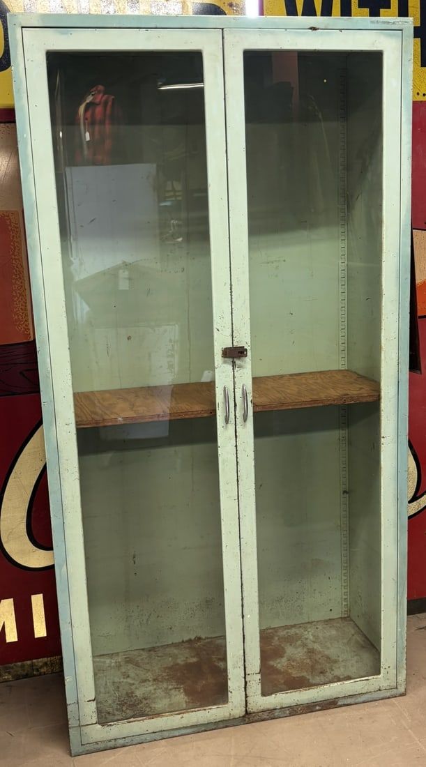 Lot 419: Blue Green 2 Door Original Glass Medical Medicine Cabinet