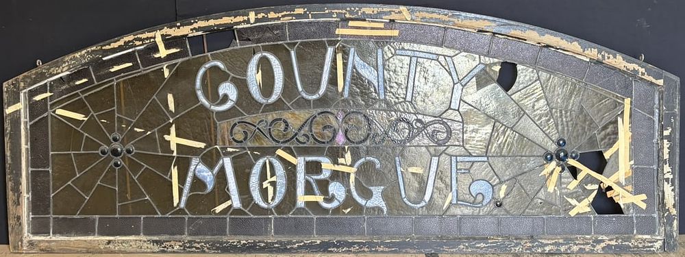 Lot 423: Antique County Morgue Stained Glass Window w/ Spider Webs