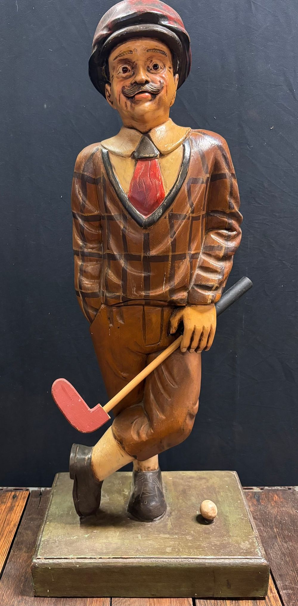 Lot 433: Folk Art Carved Wooden 40" Tall Golfer Statue Golfing Man
