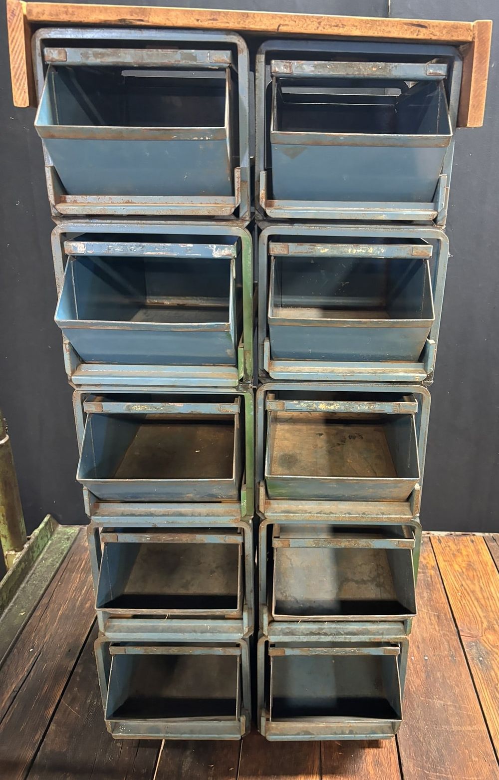 Lot 437: 10 Stacking Metal Drawer Nut & Bolt Store Display w Wood Top