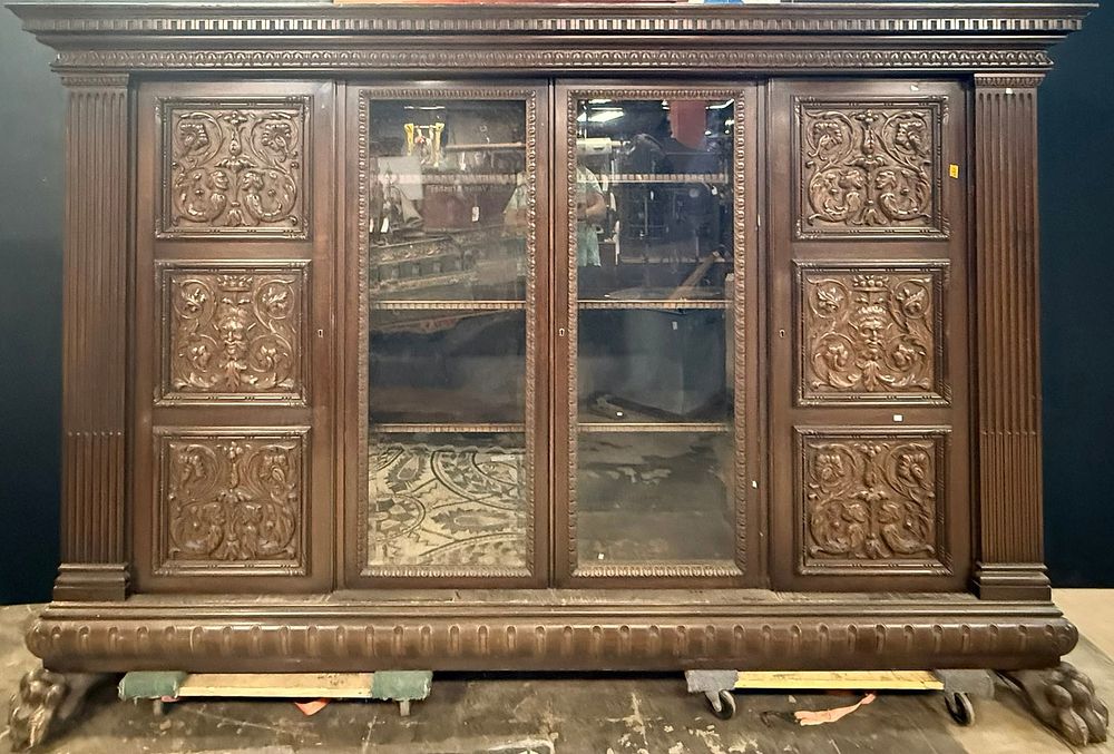 Lot 437B: 9' Wide Antique Black Forest Influence Carved Cabinet