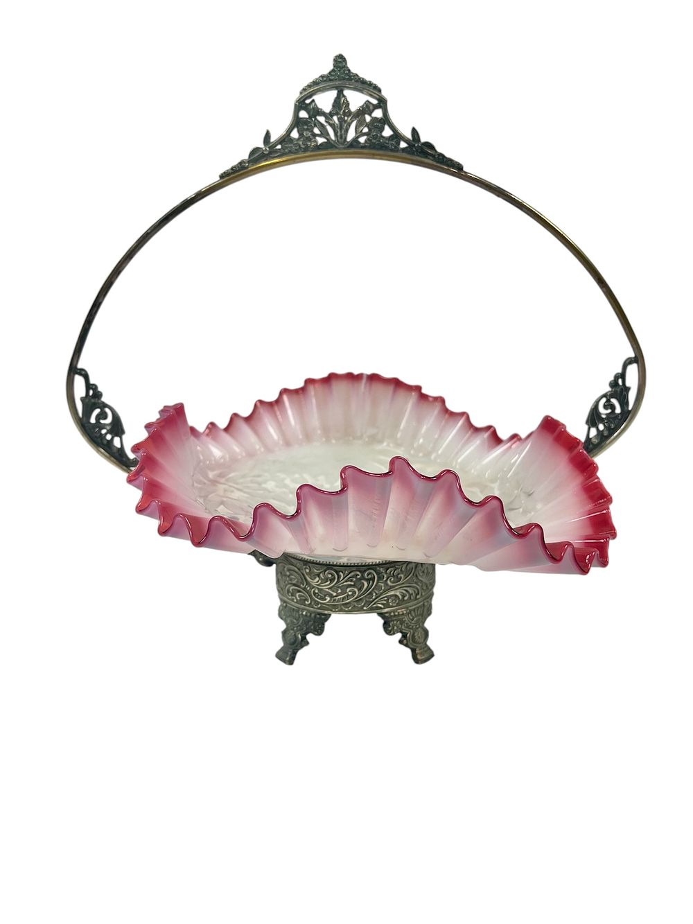 Victorian, c. late 1800's, Brides basket with Blown Glass Decorated Bowl. Victorian, c. late 