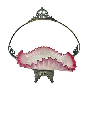Victorian, c. late 1800's, Brides basket with Blown Glass Decorated Bowl. Victorian, c. late 