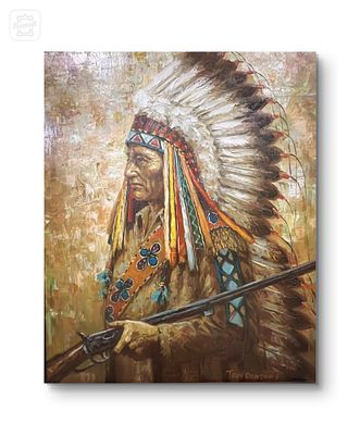 Troy Denton (American, b. 1949), Oil on Canvas, Indian Chief with Muzzle Loading Rifle. Troy 