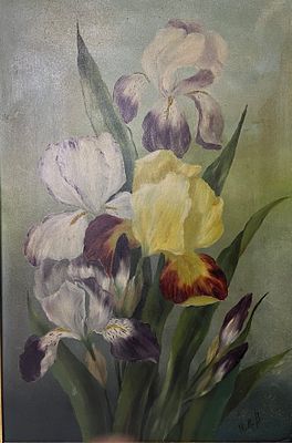 Unknown Artist, acroynym HAB, Lilies of the Valley, Oil on Canvas. Artist acronym HAB, bottom 