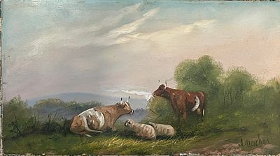 J. Gray Marshall oil on board, under glass. Cows and Sheep. J. Gray Marshall, cow and sheep 