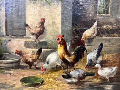 Barnyard scene with chickens, rooster and duck oil on canvas . Early 20th Century, French