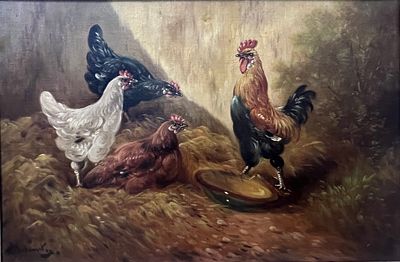 Henry Schouten (Belgian/Indonesian 1864-1927) barn yard scene Roosters and Hens. Larger Oil 