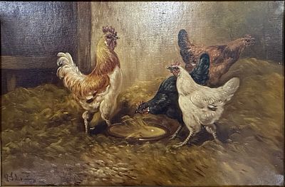 Henry Schouten, (Belgian/indonesian 1864-1927), oil on canvas. Barnyard scene Roosters
. Henry 