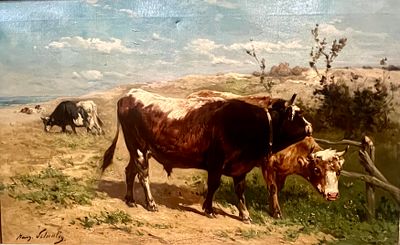 Henry Schouten (1857-1927, Belgian) large oil on canvas, Cows grazing. Henry Schouten 