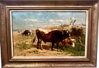Henry Schouten (1857-1927, Belgian) large oil on canvas, Cows grazing. Henry Schouten Image - 1