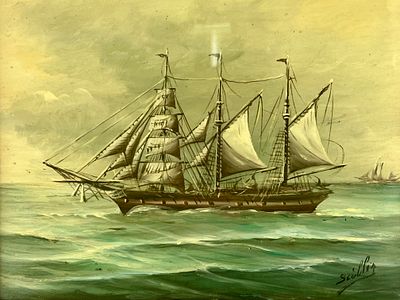 Max Sciller Clipper Ship at sea. Oil on Board. Fine Gesso frame. Max Sciller, nautical scene. 