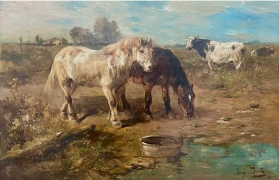 Henry Schouten (Belgium/Indonesia, 1857-1927) Oil on Canvas Horses and Cows Farmyard scene. Henr 