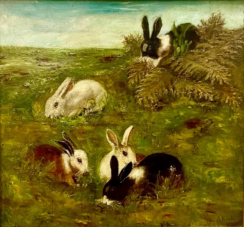 E. Kootz -Rabbits at Play- Oil on Canvas. Oil on canvas -Rabbits at Play- by artist, E. Kootz. 