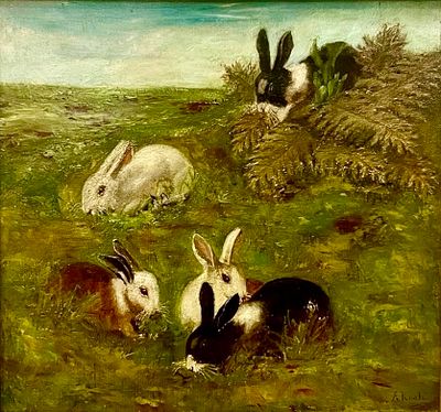 E. Kootz “Rabbits at Play.”
. Oil on canvas “Rabbits at Play” by artist, E. Kootz. Titled by 