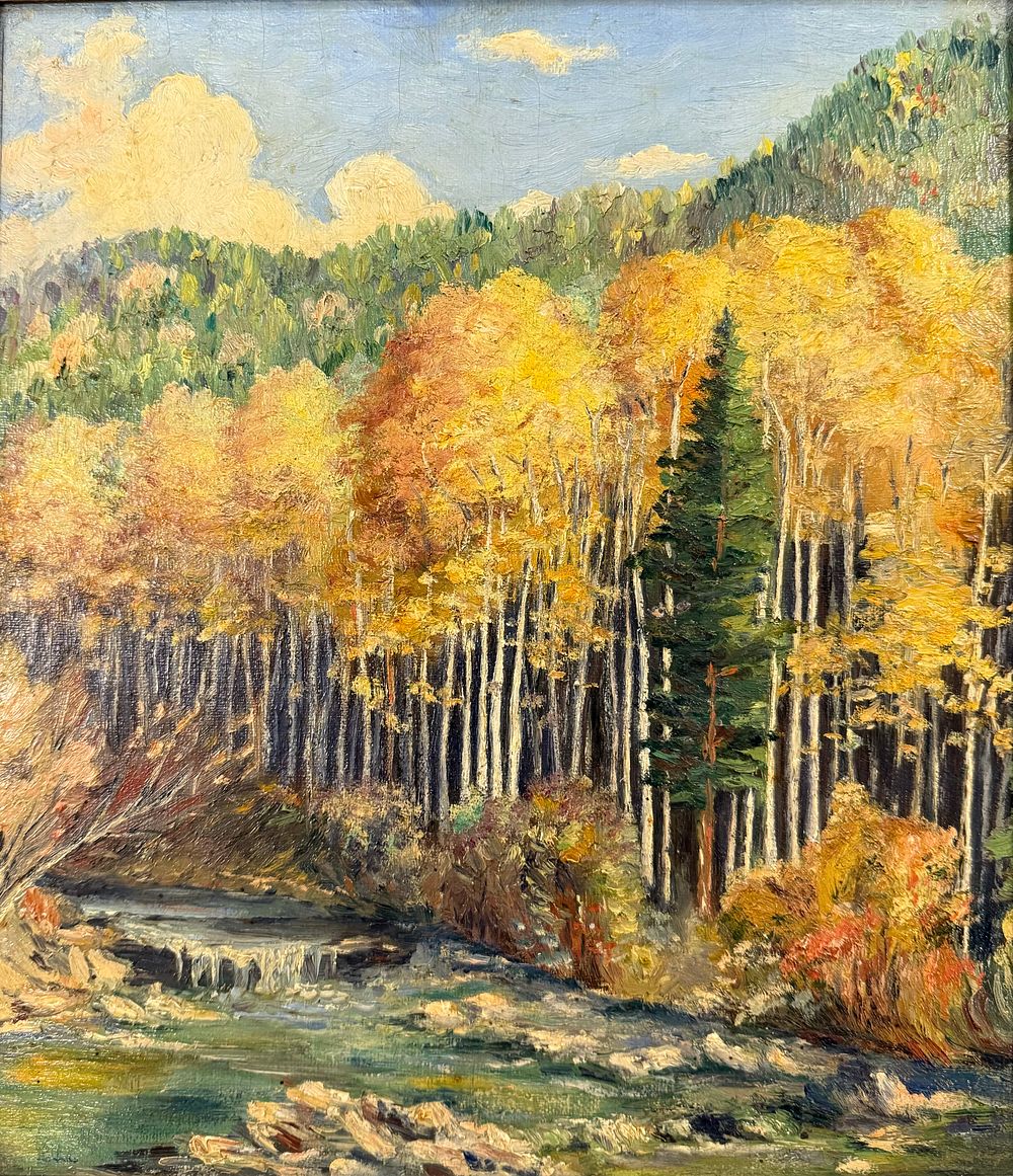 School of Joseph Henry Sharp, oil on Board, Quaking Aspen landscape. In the manner of Joseph 
