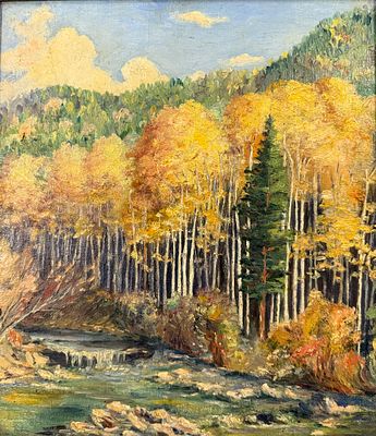 School of Joseph Henry Sharp, oil on Board, Quaking Aspen landscape. In the manner of Joseph 