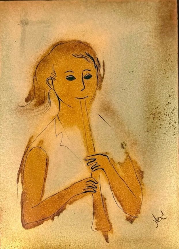 Moshe Gershuni - Moshe Gershuni (Israeli) 1936-2017) -Girl with Flute- Enamel on chamfered board. M 